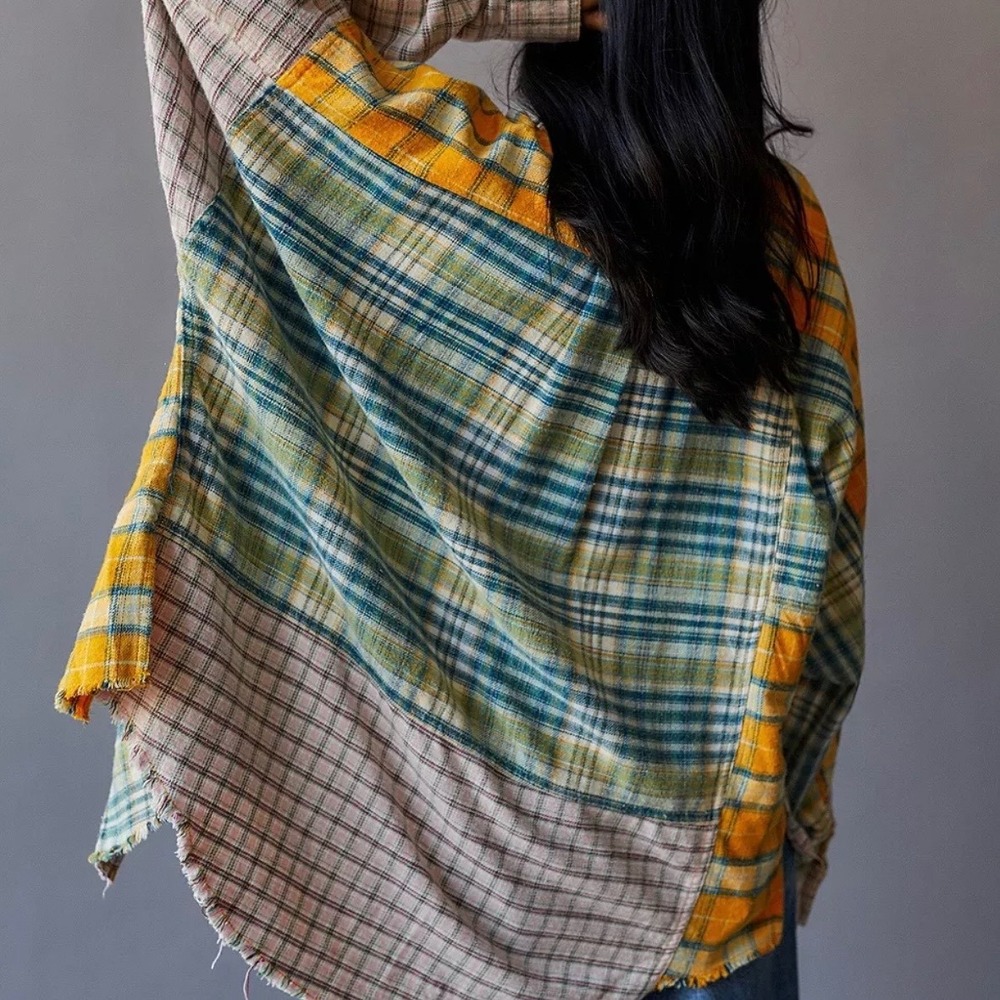 BDG Mixed Plaid Patchwork Oversized Flannel Shirt Womens Medium Yellow Pink Boho - Picture 3 of 12